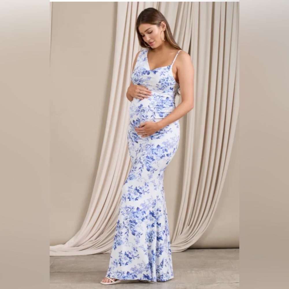 Club London Maxi Long Blue Floral Maternity One Shoulder Dress